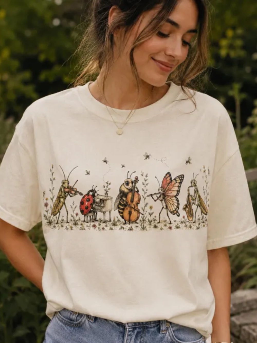 Off White Short Sleeve Tee with Musical Insect Band Graphic